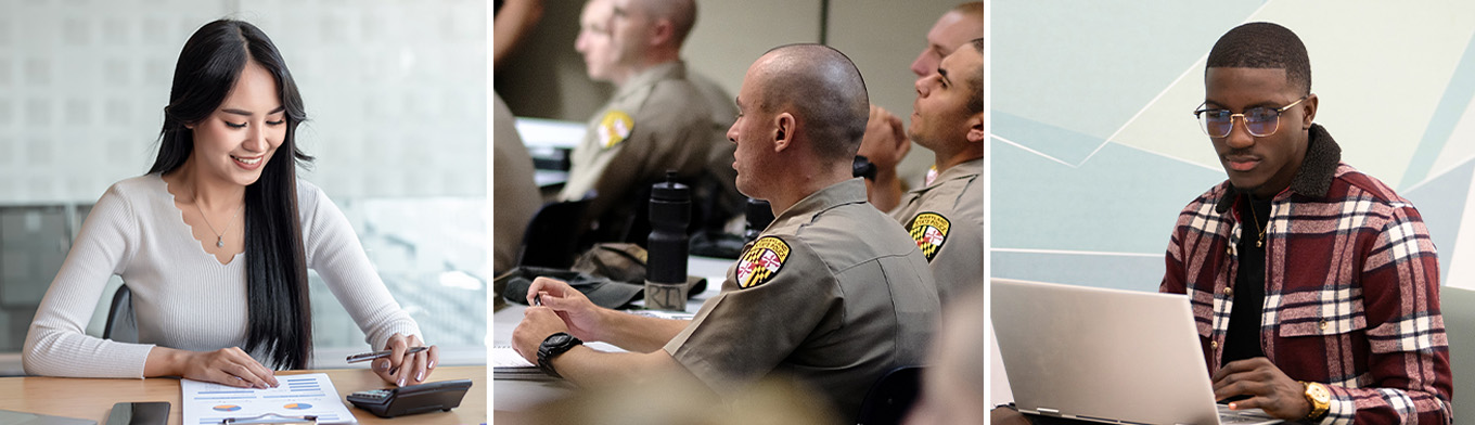 3 photos: girl with pad and calculator, police officers in a classroom, and man on laptop